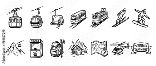 Hand-drawn mountain transport and winter sport icons including a cable car, chairlift, tram, skier, and snowboarder in a black and white doodle sketch illustration set