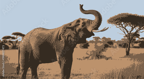 Majestic african elephant stands tall in the vast wilderness while raising its trunk toward the blue sky to communicate with other members of its large family during a bright summer day