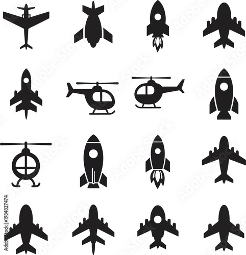 Collection of Air Transport and Space Rocket Silhouette Icons