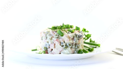 classic holiday salad olivier with eggs ham and vegetables