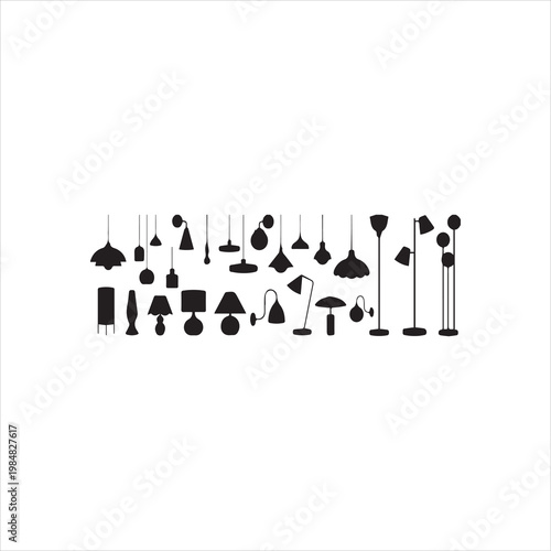 Lamp black silhouettes. Lighting home accessories, decorative modern floor wall lamps for work and decor. Lights elements vector clipart