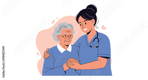 Kind nurse or caregiver giving a warm hug to a senior woman showing empathy, healthcare support, and elderly care service concept.