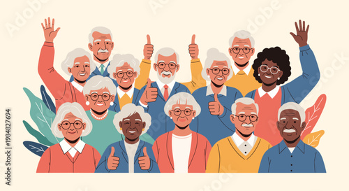 Large group of diverse senior citizens smiling and giving thumbs up together showing happy retirement, community, and healthy aging.