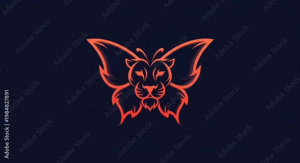 Fototapeta premium Lion butterfly illustration bold orange line art on dark background