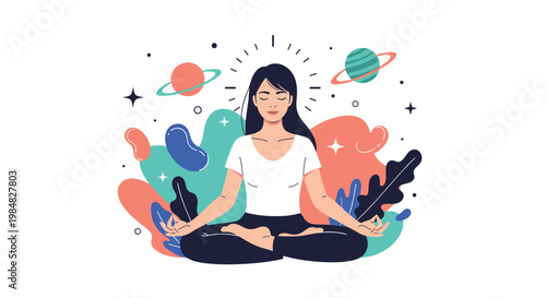 Calm woman meditating in a lotus pose with a cosmic background featuring planets and stars representing inner peace and mindfulness.