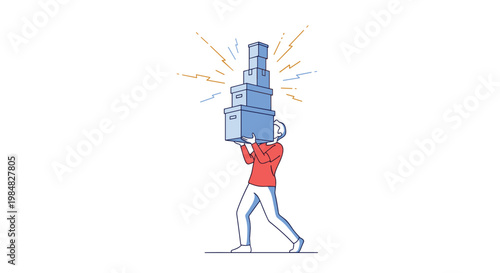 Determined man carrying a very high stack of blue boxes representing hard work, heavy lifting, moving house, or logistics tasks.