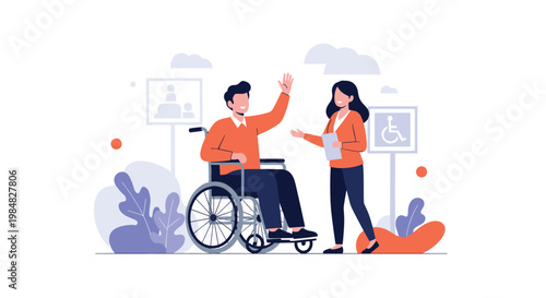 Friendly woman talking to a man in a wheelchair near accessibility signs representing social inclusion, disability support, and empathy.