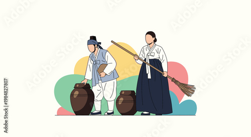 Two people wearing traditional Korean hanbok clothing standing next to large clay jars used for fermenting food in a cultural scene.