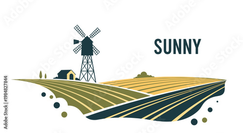 Peaceful rural landscape with a traditional windmill and cultivated farm fields under a bright sun with the word sunny displayed.