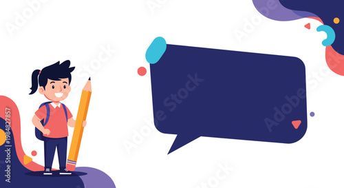 Happy schoolgirl standing with a large yellow pencil next to a dark blue speech bubble surrounded by colorful abstract design elements.