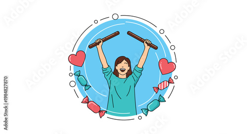 Excited young girl holding up two sticks in celebration surrounded by floating hearts and various colorful candies in a circular frame.