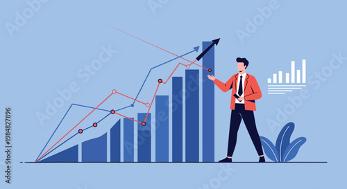 Professional man in a suit presenting positive growth using blue rising bar charts and ascending line graphs on a light blue background.
