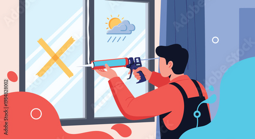 Man in orange work clothes applying sealant to a window with a caulking gun while it rains outside in a simple illustration style.