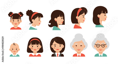 Evolution of a woman's profile from childhood and youth to adulthood and old age shown in a series of side portraits.