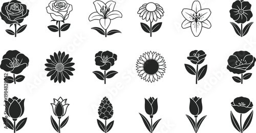 Black and white floral flowers symbols plants