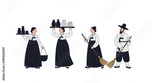 People in traditional Korean hanbok performing daily tasks like carrying goods on trays and sweeping with brooms.