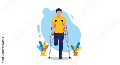 Man recovering from a leg injury walking with the help of metal crutches against a soft blue background with plants.