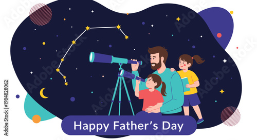 Father and his two young daughters gazing at a starry night sky with a telescope and constellation for Father's Day.