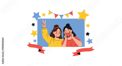 Two happy young women posing in a photo frame decorated with stars, colorful flags, and red ribbons for a special event.
