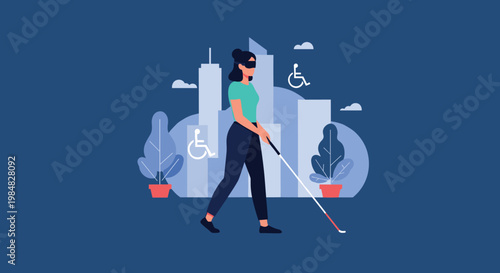 Blind woman wearing a blindfold and using a long white cane to navigate a city street with accessibility icons.