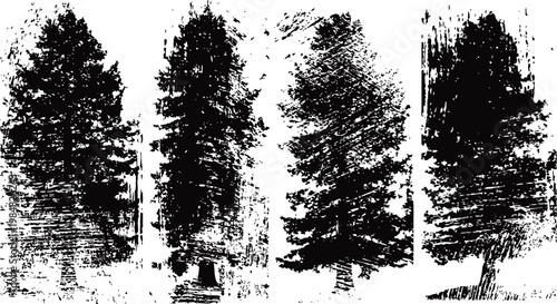 grunge silhouettes of four pine trees with rough textured details in black and white