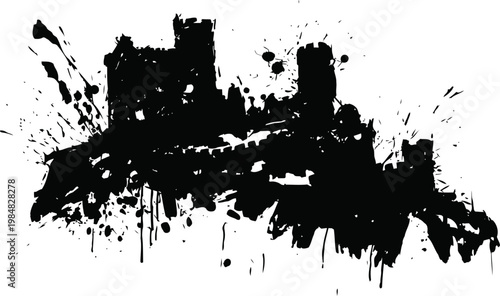 Black ink splatter silhouette of a medieval castle with towers and walls on white background