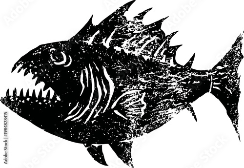 fierce piranha fish illustration carnivorous aquatic predator with sharp teeth and spiky fins black and white vintage