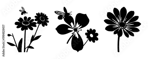 Bee-friendly garden flower set with solid black icon silhouette on white background featuring bee, pollination, flowering plant with botanical and insect symbols
