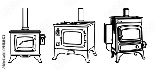 Vintage wood-burning stove set with classic silhouette and monochrome outline featuring antique, heating, traditional with appliance and home decor