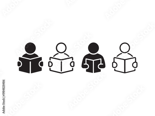 Reading book icon set. Reader, education, learning, learn. Read book symbol on white background - stock vector.