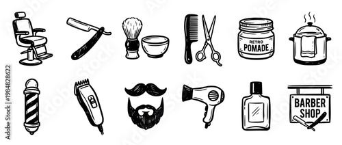 Set of hand-drawn barbershop icons in a retro monochrome style, featuring a chair, razor, scissors, pomade, and other classic grooming tools for a gentleman's haircut