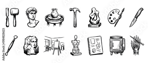 Collection of hand-drawn art and sculpture icons showing various tools, a classical bust, pottery wheel, artist palette, and a kiln in a sketchy black and white ink illustration style