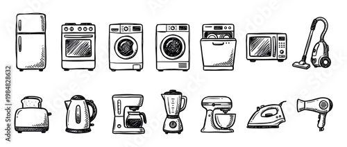 Set of various household and kitchen appliances illustrated in a simple black and white doodle style, featuring a fridge, oven, blender, mixer, iron, and vacuum cleaner