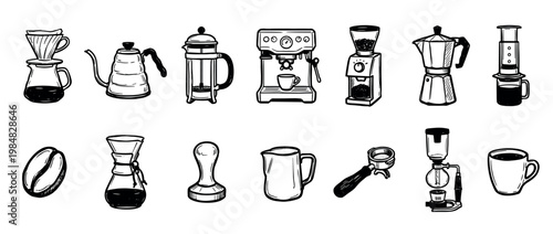Various hand-drawn coffee making equipment and accessories are depicted in a simple, illustrative, black and white style, showcasing different brewing methods and tools