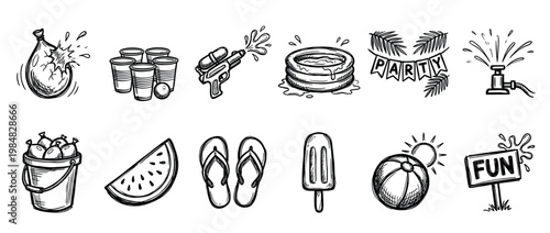 Hand-drawn summer party icon set with a water balloon, squirt gun, inflatable pool, watermelon, and popsicle in a fun black and white doodle sketch style for outdoor activities