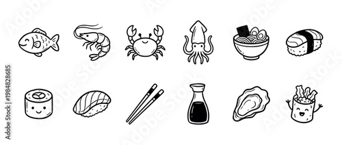 Collection of hand-drawn Japanese food icons in a cute kawaii doodle style, featuring sushi, ramen, seafood like fish, crab, shrimp, and squid, plus chopsticks and soy sauce