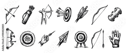 Hand-drawn archery equipment icon set featuring bows, arrows, targets, and a quiver in a detailed black and white sketch style illustration for sport or hunting concepts