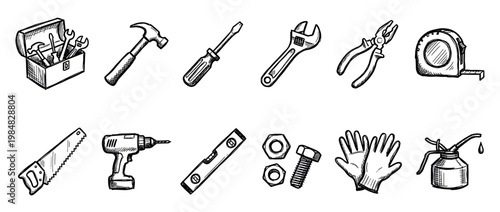 Hand-drawn collection of work tool icons including a hammer, saw, drill, wrench, and toolbox in a black and white sketch illustration style for DIY and repair projects