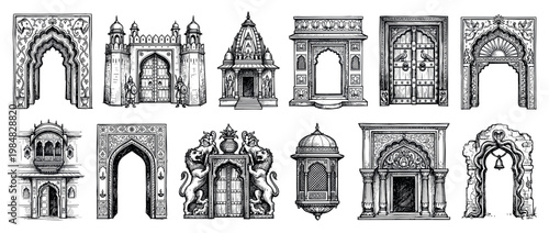 Collection of hand-drawn ornate Indian architectural elements, showcasing intricate carvings, traditional designs, and historical structures in a detailed sketch style
