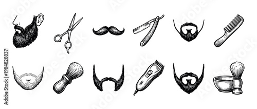 Set of vintage barbershop illustrations hand-drawn in a black and white sketch style, including a razor, scissors, clipper, comb, shaving brush, beard, and mustache icons
