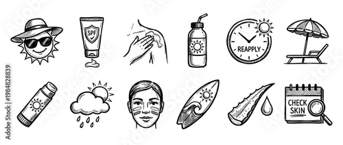 Hand-drawn sun protection and summer safety icons set in a black and white doodle style, featuring sunscreen, aloe vera, beach elements, and skin care reminders for sun safety awareness