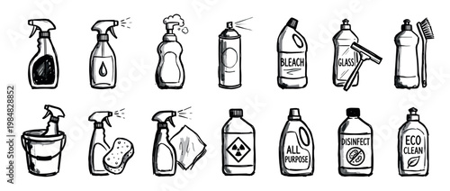 Hand-drawn cleaning product icons set in a black and white sketch style showing various detergents, sprays, and household supplies for hygiene and sanitation concepts