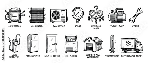 Hand-drawn refrigeration and cooling equipment icons set showing various tools and machinery for HVAC repair and maintenance in a black and white sketch doodle style illustration collection