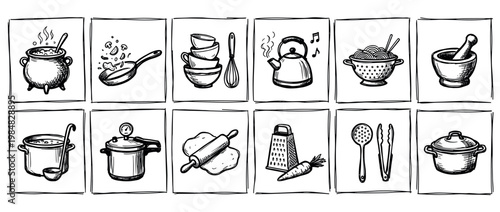 Comprehensive collection of hand-drawn kitchen utensils and cooking process illustrations, featuring various pots, pans, tools, and food preparation items in a charming sketch style