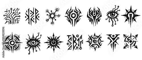 Collection of hand-drawn black ink symbols in a rough sketch style, blending futuristic sci-fi elements with mystical fantasy runes, occult eyes, and tribal tattoo designs