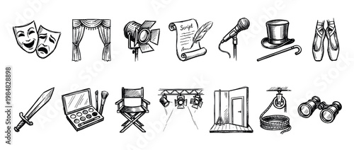 Hand-drawn theatrical and cinema performance icons set featuring masks, a stage, director's chair, script, and makeup in a black and white sketch doodle illustration style