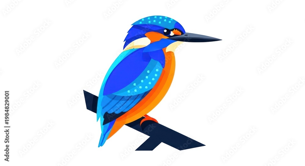 Fototapeta premium Vibrant illustration of a kingfisher bird perched on a branch isolated on white