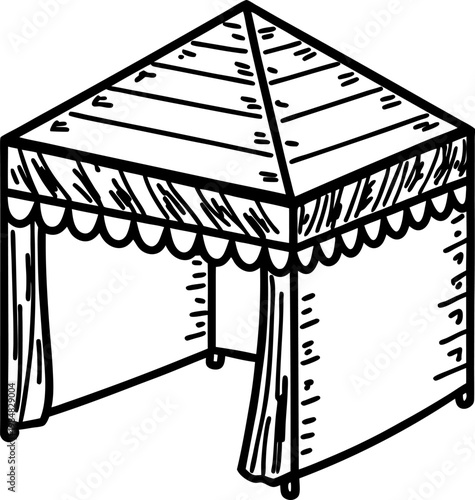 Hand drawn garden tent with scalloped edges and striped roof, outdoor canopy shelter sketch