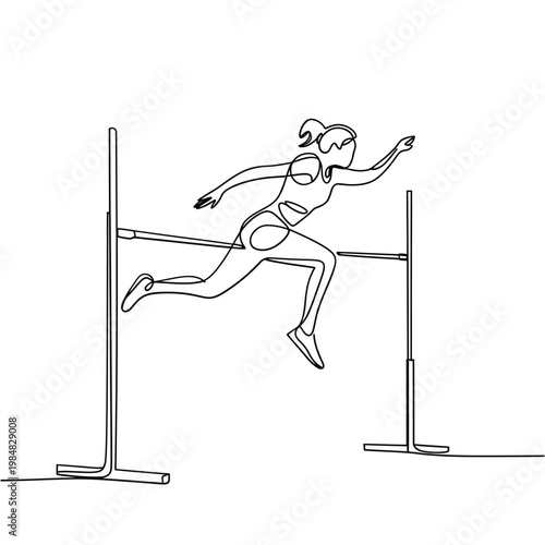 Continuous line drawing of a woman jumping over a hurdle during a race