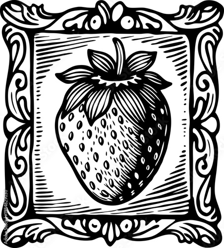 Vintage strawberry illustration framed with ornate decorative floral border design